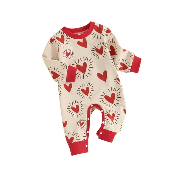 Infant Baby Valentines Day Jumpsuits Casual Long Sleeve Round Neck Heart Print Rompers