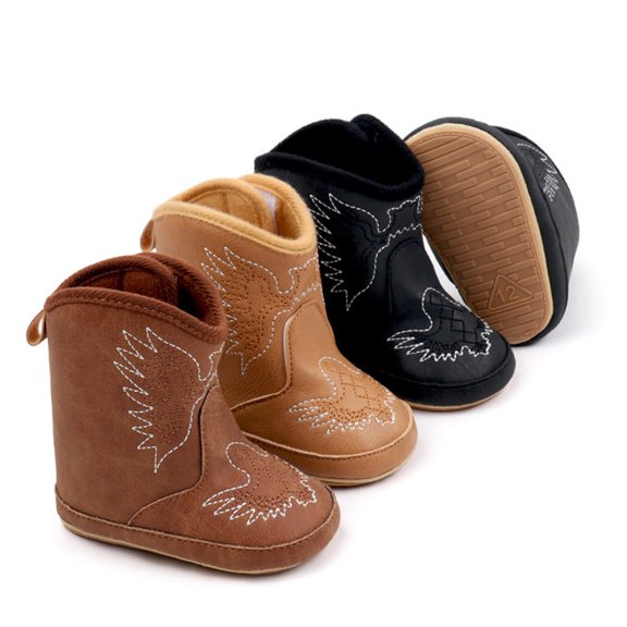 Infant Baby Western Cowboy Bots Faux Leather Embroidery Soft Sole Fleece Lined Non Slip Mid Calf Boots