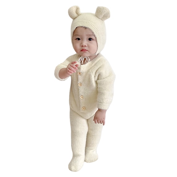 Infant Baby Winter Plush Jumpsuit Solid Color Long Sleeve Round Neck Button Closure Romper + Hat 2 Piece Outfits