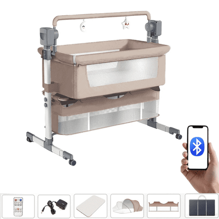 Portable Baby Bassinet Bedside Sleeper with Wheels,Canopy,Storage,Height Adjustable for Newborns/Babies/Infants(Bluetooth Enabled),Unisex,Khaki
