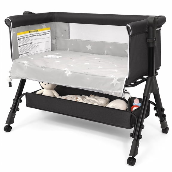 Infant Bassinet Sleeper,Single-sided Detachable 3 Adjustable-Height Bedside Beds Foldable Baby Crib,for 0-18 Months-Dark Gray