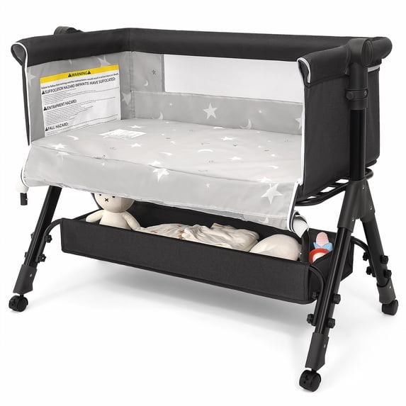 Infant Bassinet Crib,Single-sided Detachable 3 Adjustable-Height Bedside Beds Foldable Baby Crib,for 0-18 Months-Dark Gray