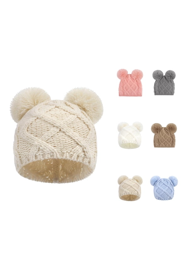 Bear Knit Double Pom-Pom Beanie Hat - Baby Warm Woolen Caps For Newborns, Cute Cartoon Style For Autumn Winter Daily Wear Accessories & Toddler Shower Gift Ideas