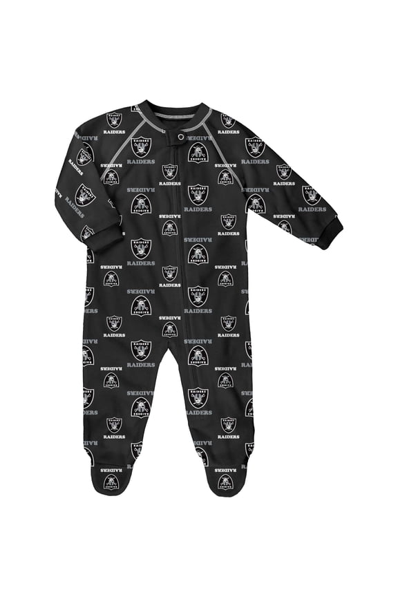 Infant Black Las Vegas Raiders Allover Print Raglan Full-Zip Sleeper