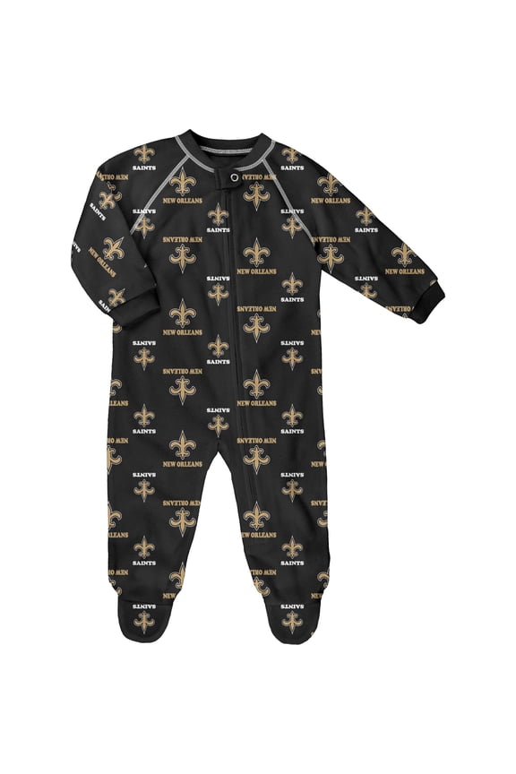 Infant Black New Orleans Saints Allover Print Raglan Full-Zip Sleeper