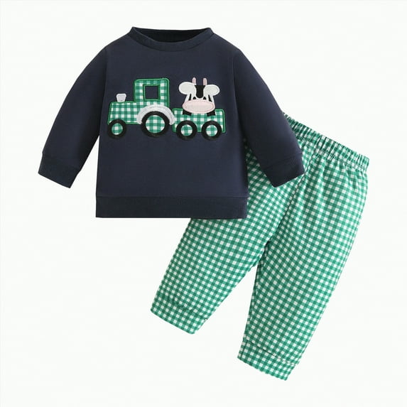 Infant Boy Clothes Kids Boys Fall Winter Embroidery Long Sleeve Elastic Waist 1T 2T 3T Everyday Outfit Set 2Pcs