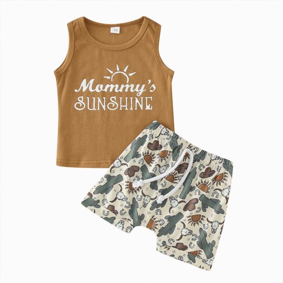 Boy Clothes Toddler Baby Kids Spring Summer Cotton Elastic Printed Sleeveless Sports 1t 2t 3t 4t 5t 6t T Shirt Set T-Shirt & Shorts Outfit 2-Piece