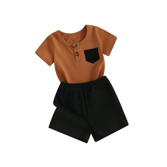 Infant Boy Summer Set, Round Neck Short Sleeve Button Tops + Elastic Waist Shorts