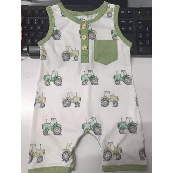 Infant Boy Summer Tank Romper Cartoon Animal Print Sleeveless Round Neck Front Pocket Bodysuit for Baby