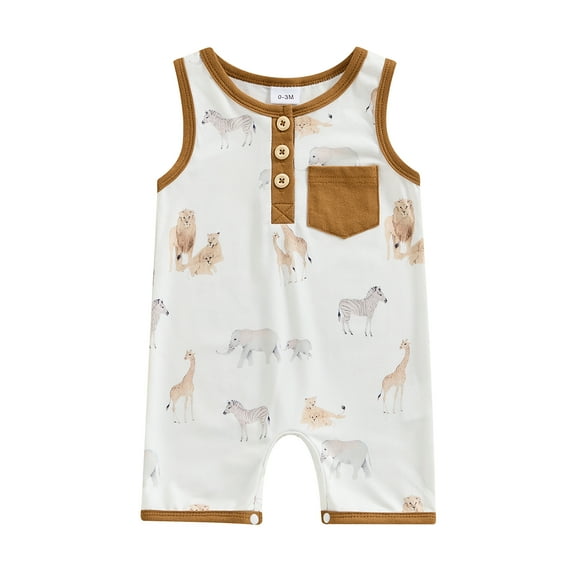 Infant Boy Summer Tank Romper Cartoon Animal Print Sleeveless Round Neck Front Pocket Bodysuit for Baby