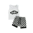 thumbnail image 1 of Infant Boy Tanks Tops + Shorts, Letter Plaid Print Elastic Waist Drawstring Summer Clothing, 1 of 8