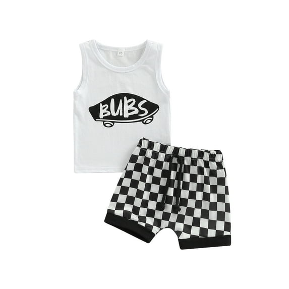 Infant Boy Tanks Tops + Shorts, Letter Plaid Print Elastic Waist Drawstring Summer Clothing