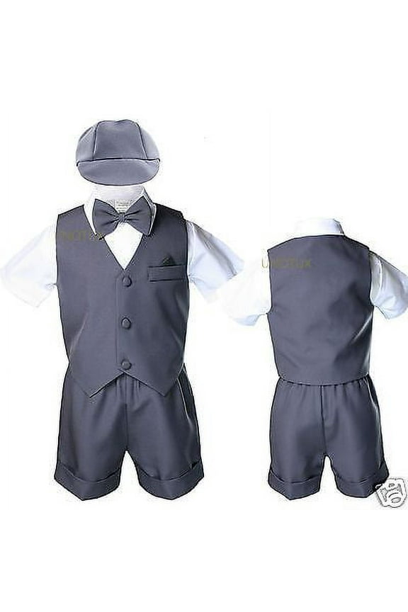 Infant Boy Toddler Dark Grey Gray Silver Eton Vest Set Shorts Suits Outfits S-4T
