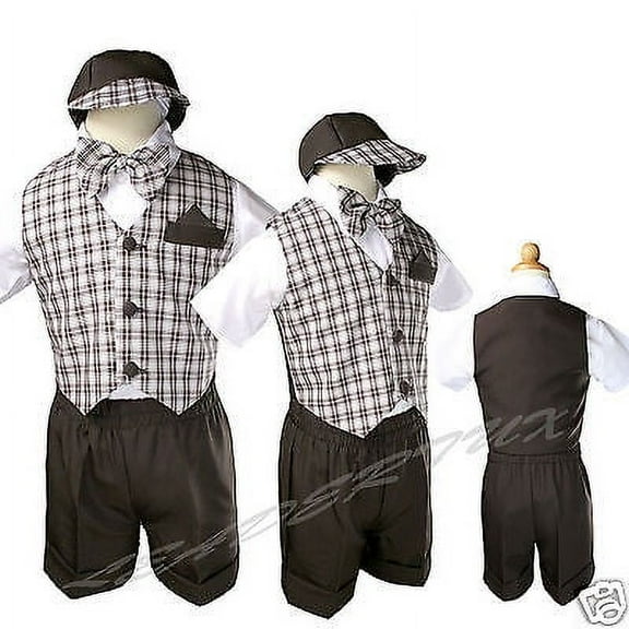 Infant Boy Toddler Formal Shorts Suit Dark Brown Checks Vest Set Gingham Sz S-4T