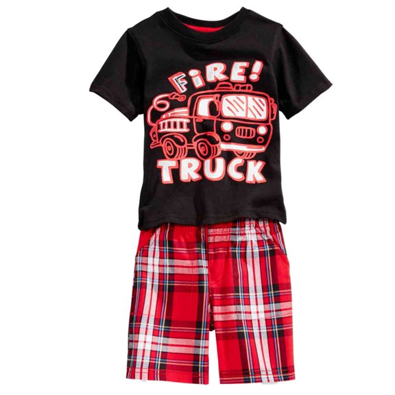 Infant Boys 2-Piece Black Fire Truck T-Shirt & Red Plaid Short Set 24m