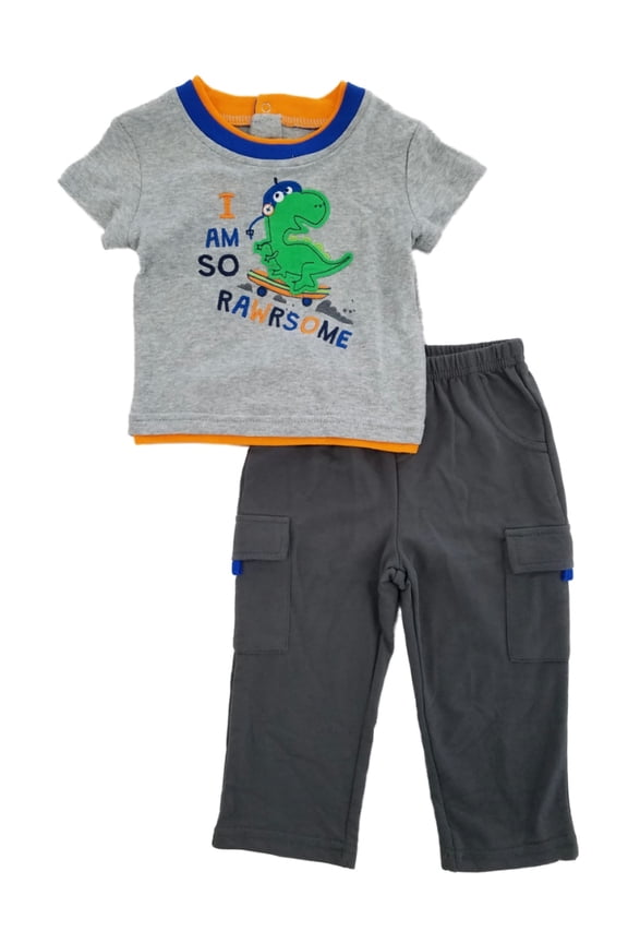 Infant Boys 2-Piece Gray Rawrsome Skateboarding T-Rex T-Shirt & Pants Set 18m