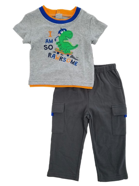 Infant Boys 2-Piece Gray Rawrsome Skateboarding T-Rex T-Shirt & Pants Set 18m