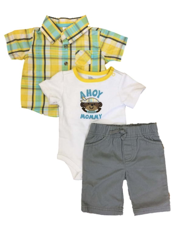 Infant Boys 3 Pc Baby Outfit Plaid Shirt Pants & Ahoy Mommy Monkey Bodysuit
