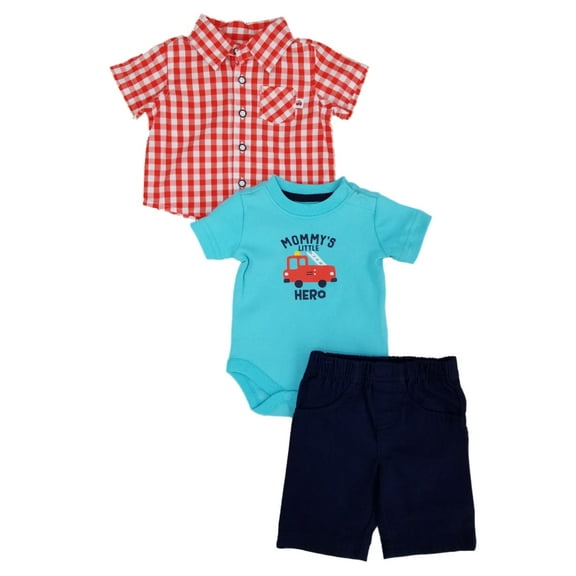 Infant Boys 3 Piece Baby Outfit Mommys Hero Shirt Pants & Fire Truck Bodysuit