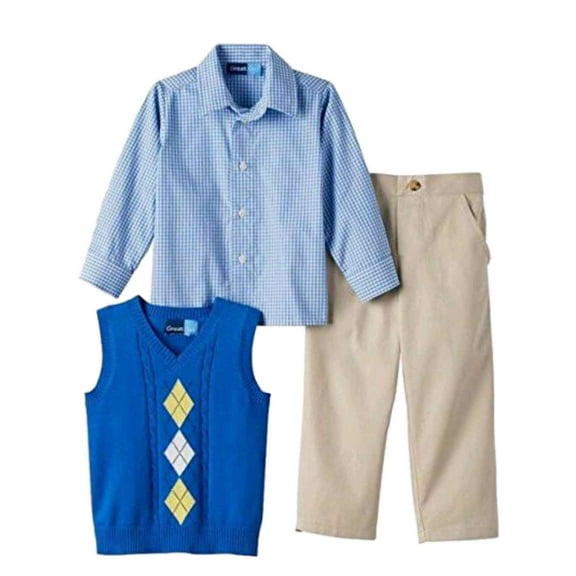 Infant Boys 3-Piece Dress Up Outfit Blue Sweater Vest Plaid Shirt & Pants