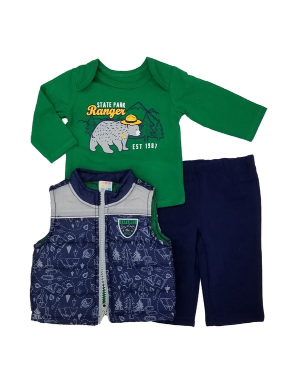 Infant Boys 3-Piece Explore The Wild Outfit Puffer Vest Bear Shirt & Pants Set