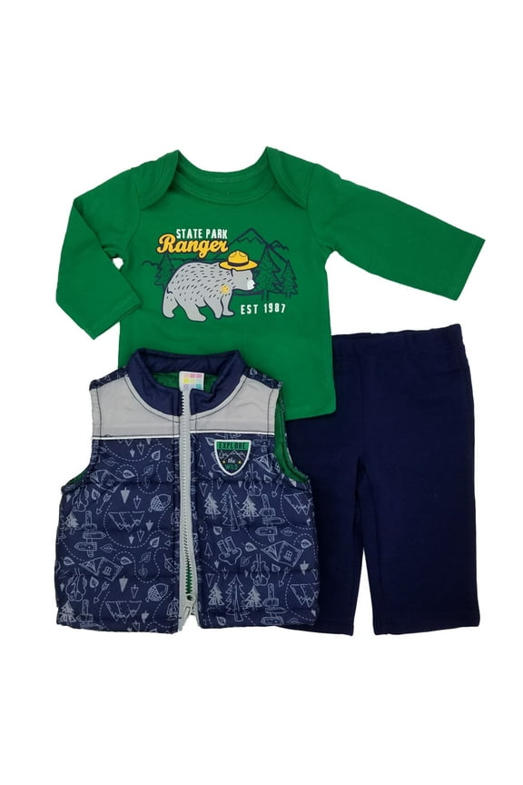 Infant Boys 3-Piece Explore The Wild Outfit Puffer Vest Bear Shirt & Pants Set