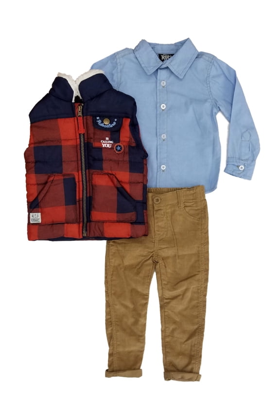 Infant Boys 3-Piece Plaid Puffer Vest Woven Shirt & Corduroy Pant Set