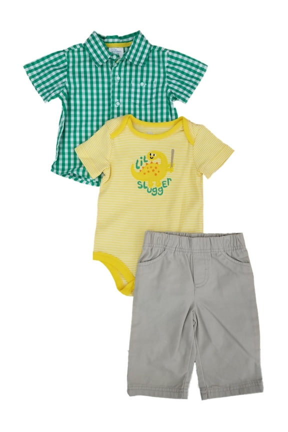 Infant Boys 3P Baby Outfit Shirt Pants & Lil Slugger Dinosaur Bodysuit 3-6m