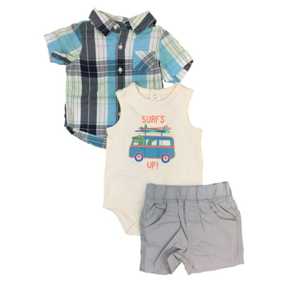 Infant Boys 3PC Baby Outfit Surfs Up Bodysuit Blue Plaid Shirt & Shorts 6-9m