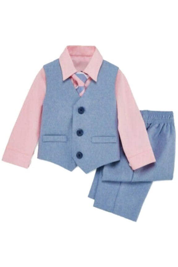 Infant Boys 4 Piece Blue & Pink Dress Up Suit Outfit With Tie & Vest 24M