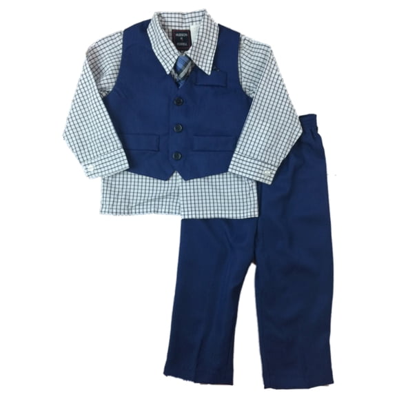 Infant Boys 4 Piece Navy Blue & White Suit Dress Up Outfit With Tie & Vest 24m