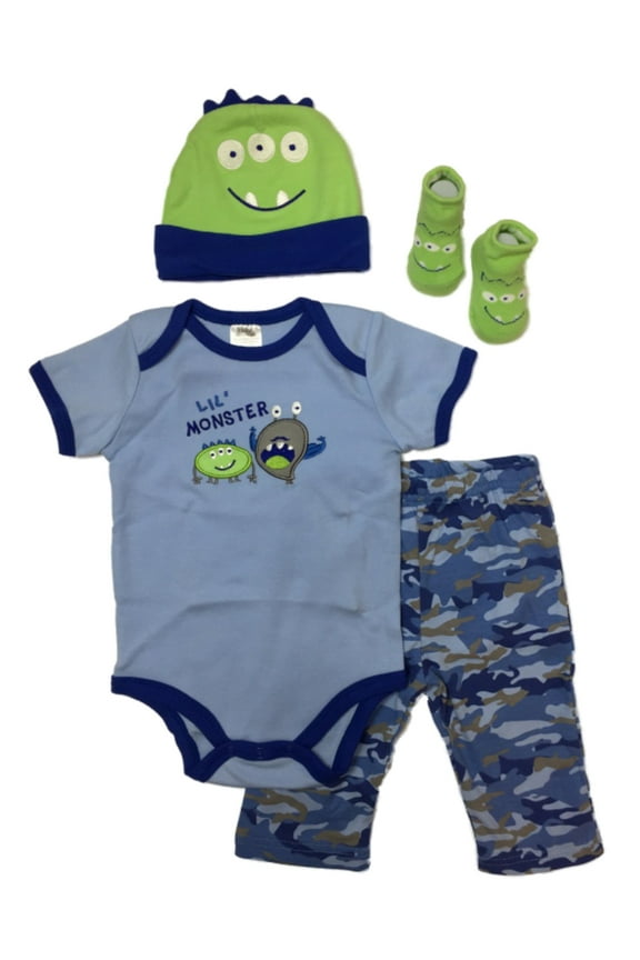 Infant Boys 4pc Camo Lil Monster Baby Outfit Bodysuit Pants Hat Slipper Set 3-6m