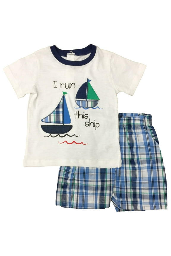 Infant Boys Blue Plaid Embroidered Sail Boat I Run This Ship 2pc Outfit 9-12m
