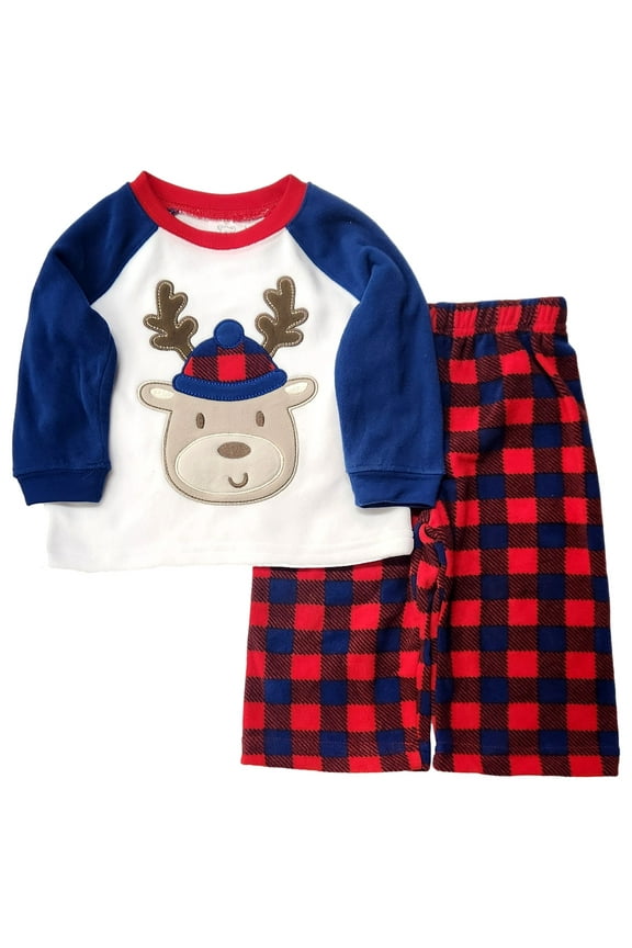 Infant Boys Blue & Red Fleece Reindeer Christmas Holiday Pajamas 12 Months