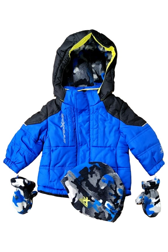 Infant Boys Blue Snow Ski Jacket Hooded Coat With Hat & Mittens 12 Months