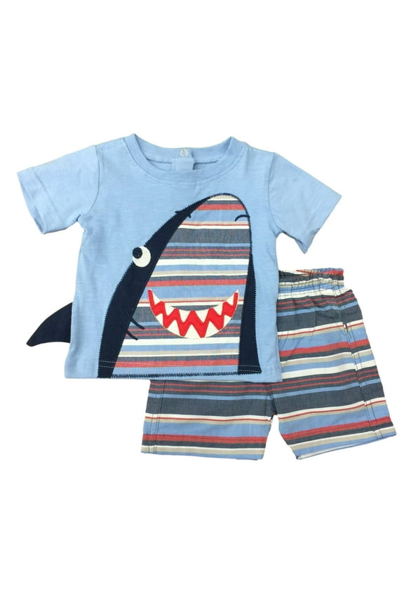 Infant Boys Blue Stripe Embroidered Shark Short Sleeve Shirt & Shorts Set 3-6m