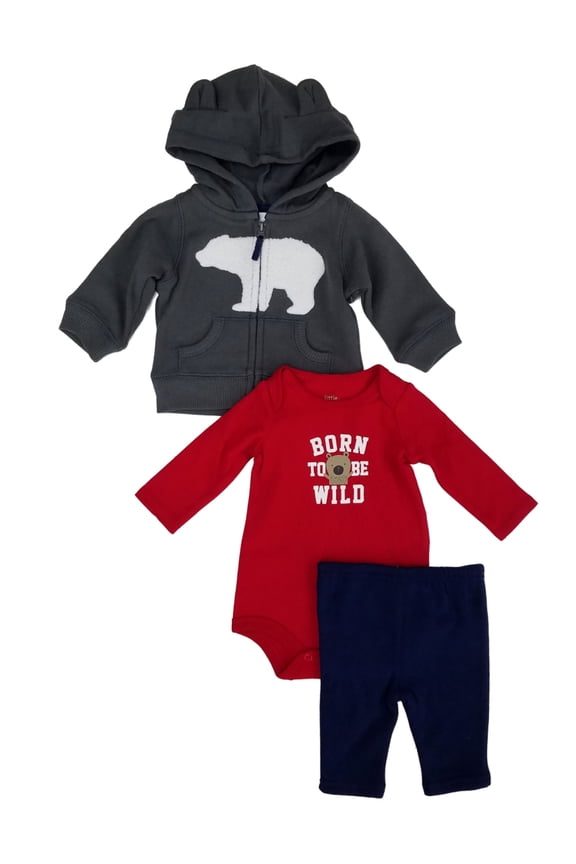 Infant Boys Born To Be Wild Body Suit 3 Pc Hoodie Bodysuit & Sweats Bear Outfit