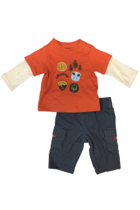Infant Boys Brave Little Guy Baby Outfit Orange Moose Shirt & Gray Pants Set 3-6m