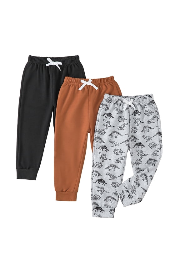 Infant Boys Clothes 3 Pack Baby Boy Pants 3 6 12 18 24 Months Toddler Boy Sweatpants Dinosaur Print 2T 3T Infant Boys Pants Black Brown Gray