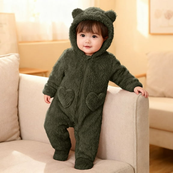 Infant Boys Girls Fluffy Jumpsuit - Warm Windproof Snowsuit Romper With Bear Ears Hood Newborn Winter Clothes Baby Clothes For Girls 6-9 Months