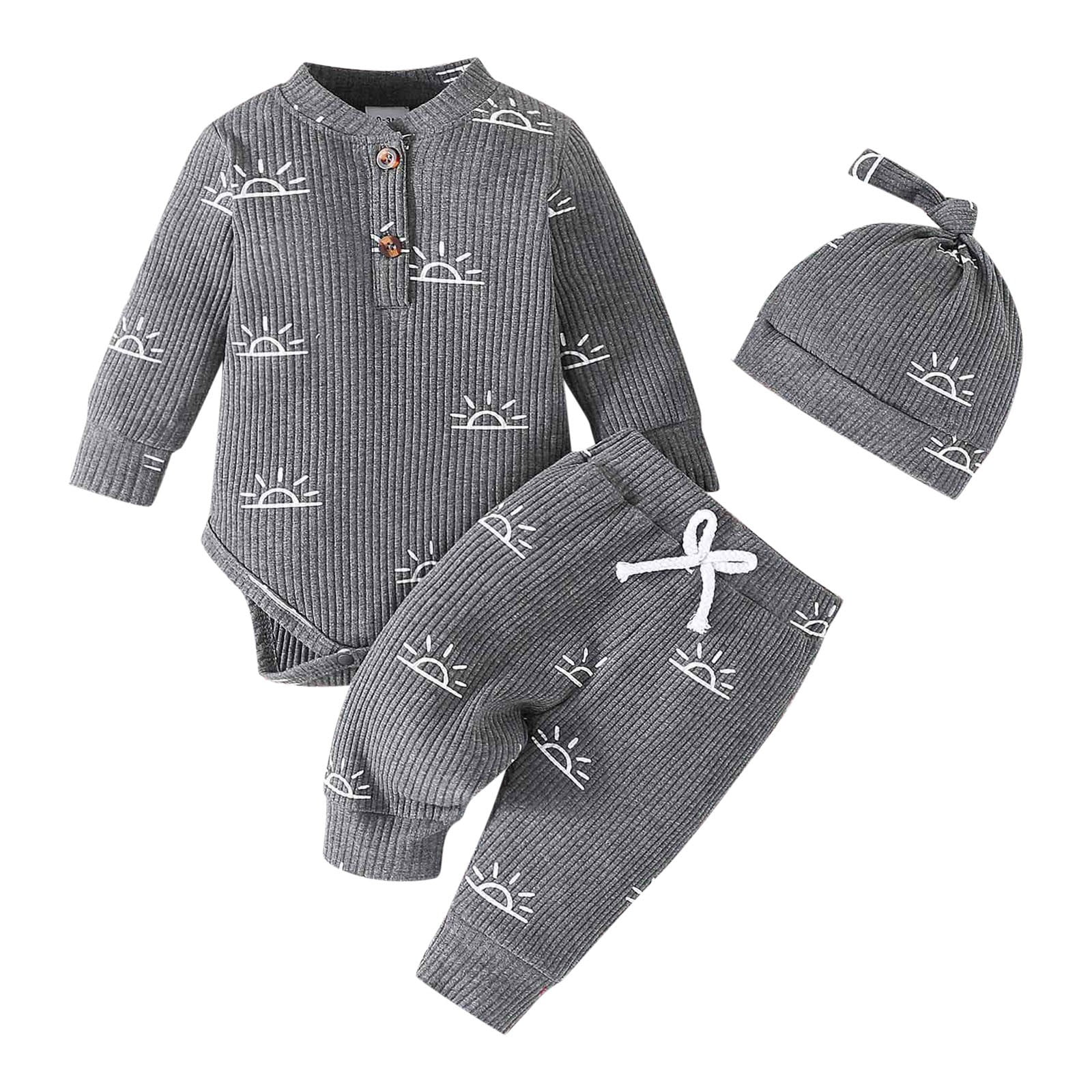 Boys Girls Long Sleeve Cartoon Prints Romper Solid Colour Pants Hat Outfits Set For Kids Clothes