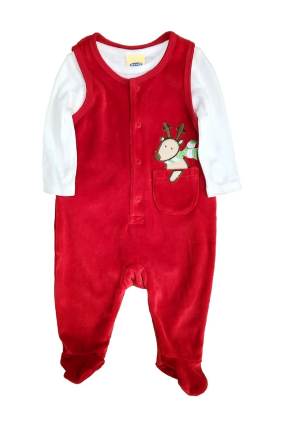 Infant Boys & Girls Red Velour Christmas Reindeer Outfit Jumpsuit 0-3 Months