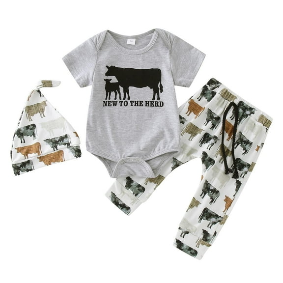 Infant Boys Girls Short Sleeve Romper Bodysuit Cartoon Cow Printed Pants Hat Outfits Sets Boy Dailywear