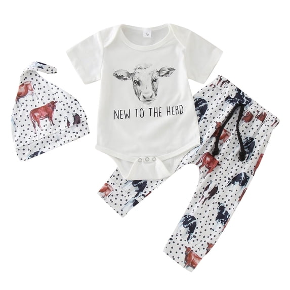 Infant Boys Girls Short Sleeve Romper Bodysuit Cartoon Cow Printed Pants Hat Outfits Trendy Infant Dailywear