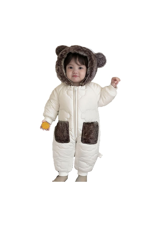 Boys Girls Snow Suits Warm Windproof Long Sleeve Bear Hooded Jumpsuit Girls Winter Coat Snow Jacket 3-6 Months