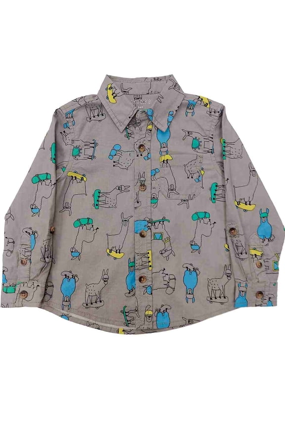 Infant Boys Gray Skateboard Llama Long Button Front Collared Dress Shirt 24m