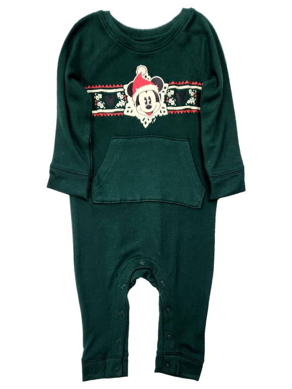Infant Boys Green Mickey Mouse Christmas Long Sleeve Bodysuit Romper Outfit 24M