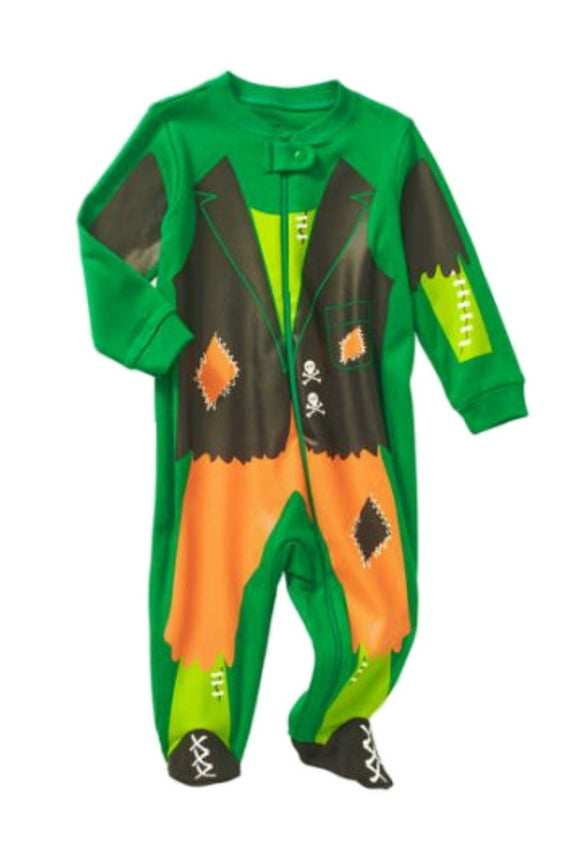 Infant Boys Green & Orange Frankenstein Sleeper Baby Halloween Pajamas PJS NB