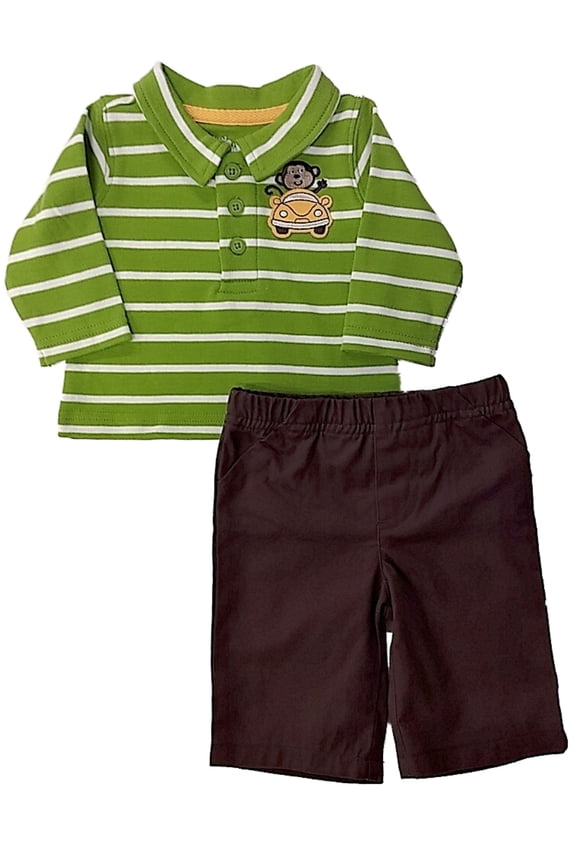Infant Boys Green Striped Monkey Long Sleeve Shirt & Brown Pants Outfit Set 3/6m