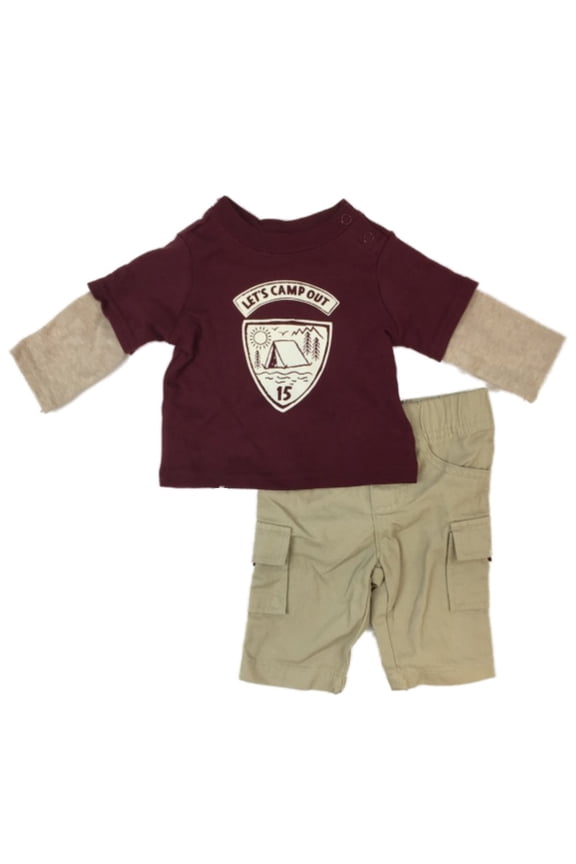 Infant Boys Lets Camp Out Baby Outfit Burgundy Tent Shirt & Khaki Pants Set NB